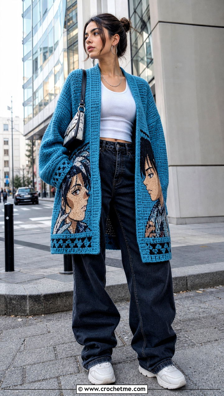 Oversized Tapestry Anime Crochet Cardigan With Wide Leg Jeans - 30 anime crochet cardigan outfit ideas