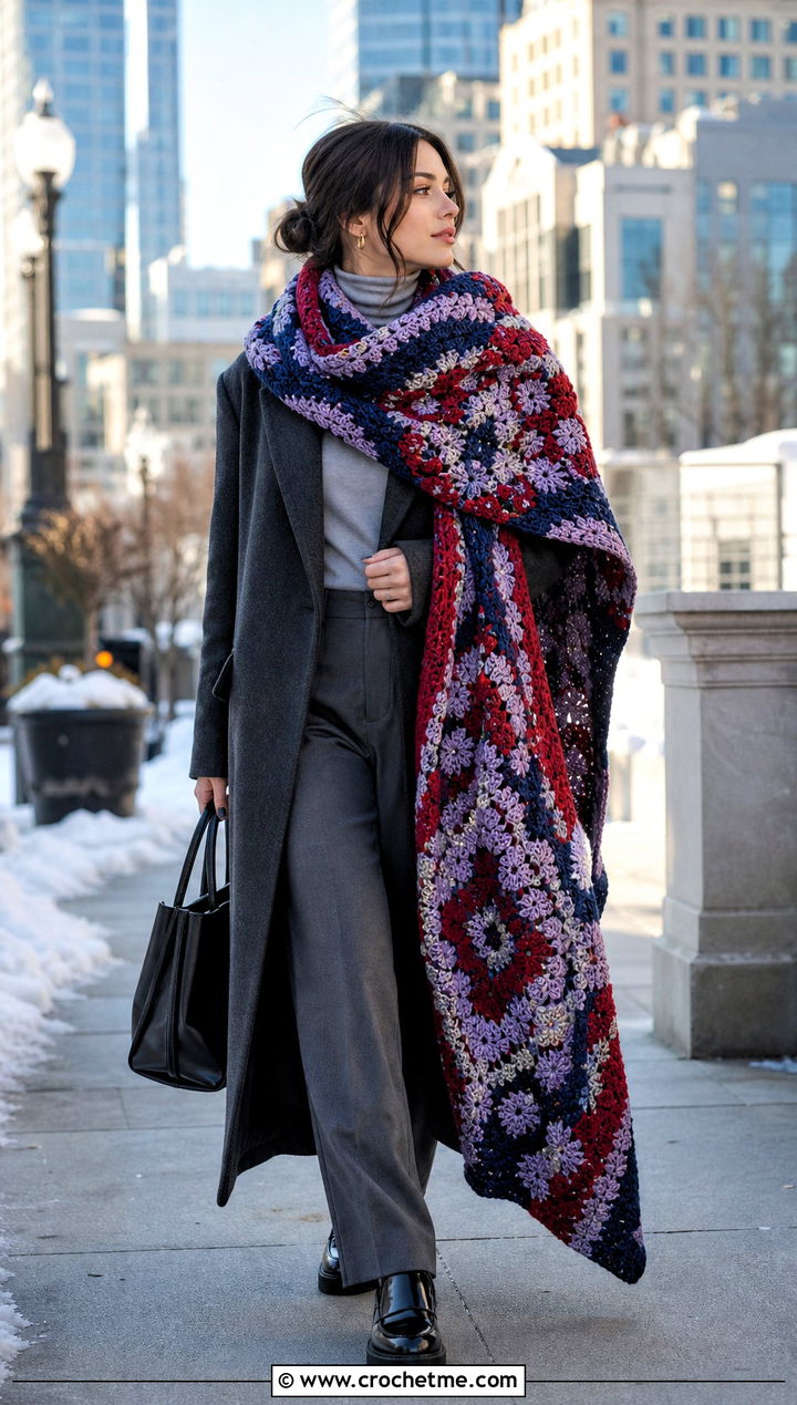 Oversized Tapestry Crochet Scarf With Long Wool Coat - 35 tapestry crochet scarf outfit ideas