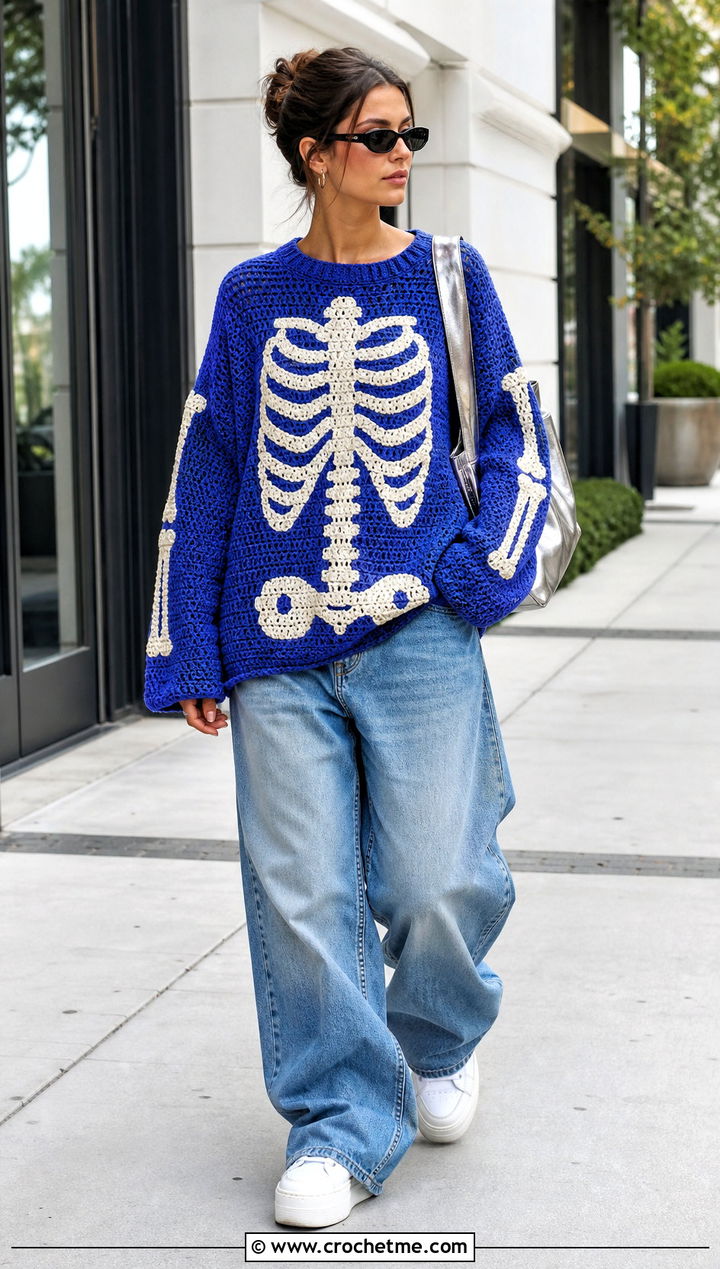 Oversized Tapestry Crochet Skeleton Sweater With Baggy Jeans - 30 Crochet Skeleton Sweater outfit ideas
