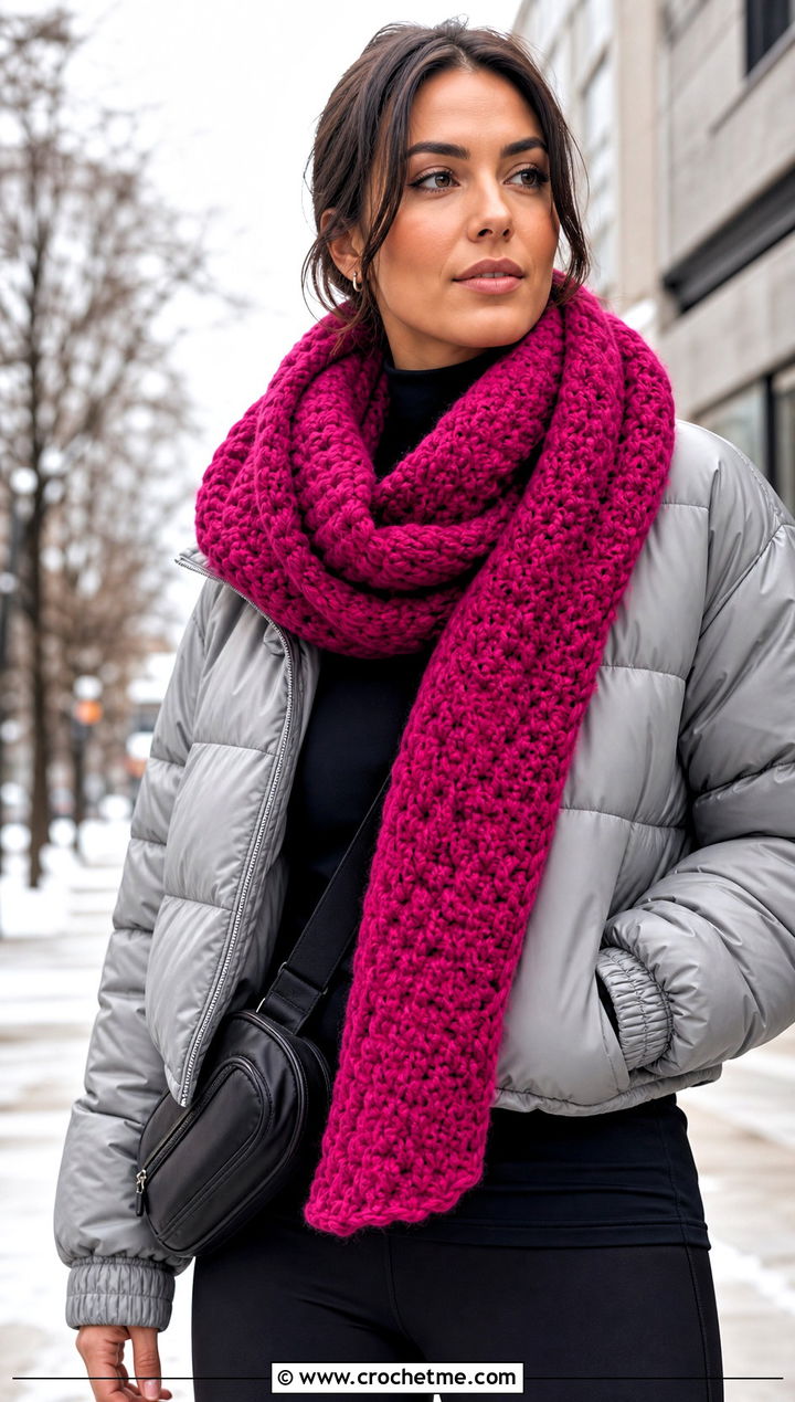 Oversized Textured Crochet Scarf With Puffer Jacket - 15 Crochet For Scarves Using Bulky Yarn outfit ideas