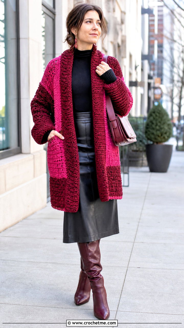 Oversized Textured Patchwork Cardigan With Faux Leather Skirt - 35 crochet patchwork cardigan outfit ideas