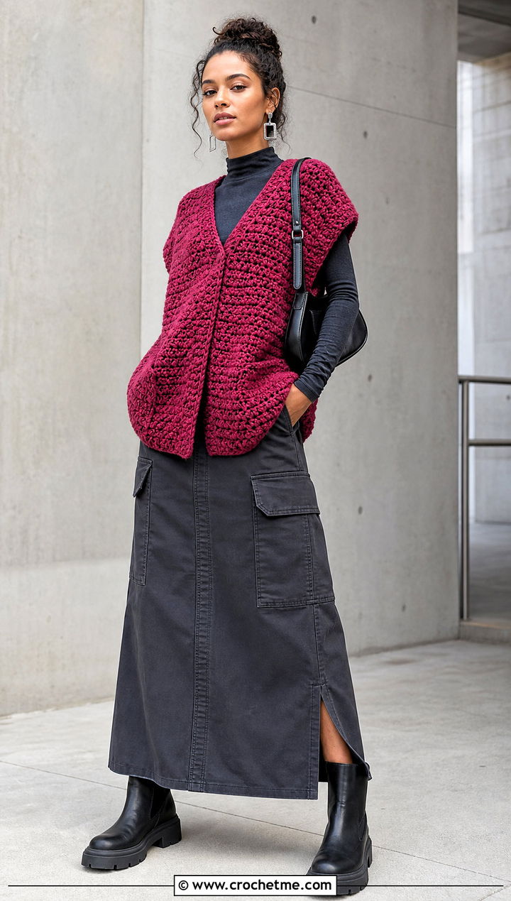 Oversized Textured Stitch Crochet Vest With Cargo Maxi Skirt - 30 oversize crochet vest outfit ideas