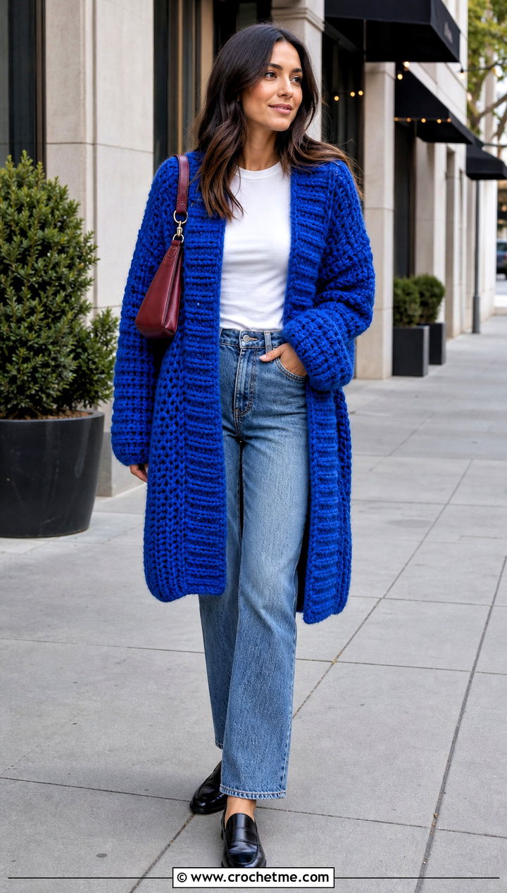Oversized Thick Yarn Crochet Cardigan With Straight Leg Jeans - 25 Thick Yarn Crochet Cardigan outfit ideas