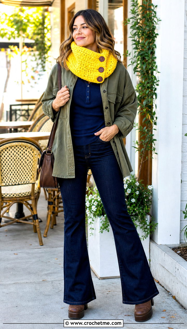 Oversized Three Button Cowl With Shacket And Flare Jeans - 15 Crochet Cowl With Buttons outfit ideas