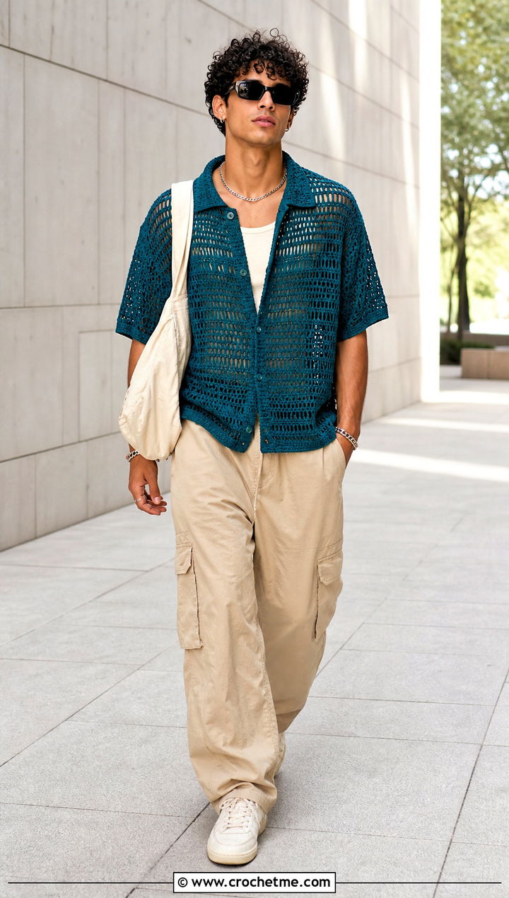 Oversized Tidepool Tee With Cargo Pants - 15 tidepool tee summer crochet top outfit ideas