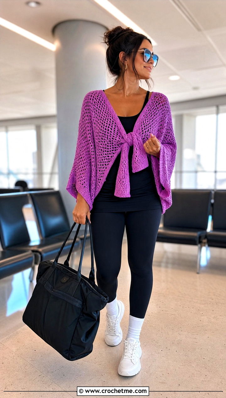 Oversized Tie Front Crochet Top With Leggings - 25 long sleeve tie front crochet top outfit ideas