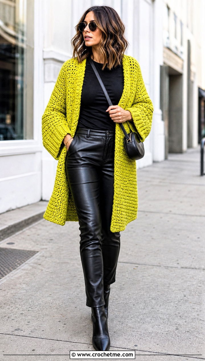 Oversized Top Down Crochet Cardigan With Leather Pants - 30 top down crochet cardigan outfit ideas