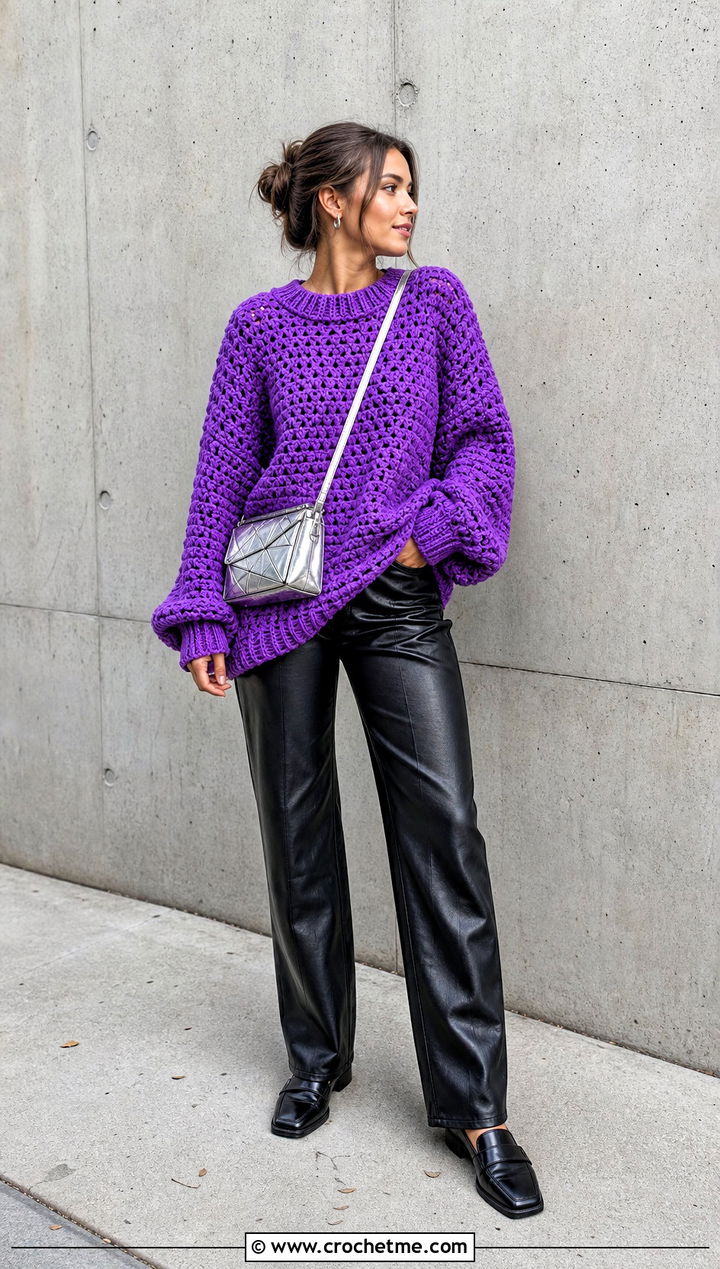 Oversized Top Down Crochet Sweater With Leather Pants - 15 Easy Top Down Crochet Sweater outfit ideas