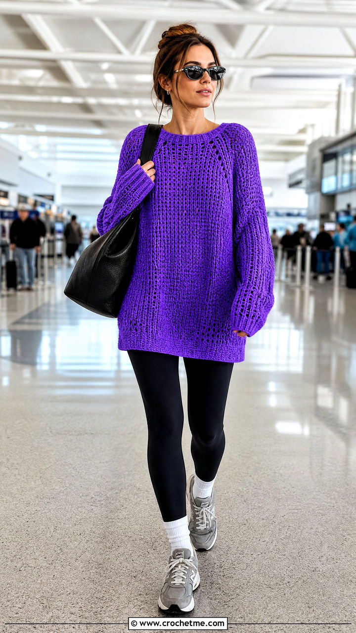 Oversized Top Down Raglan Crochet Sweater With Leggings - 35 top down crochet sweater outfit ideas