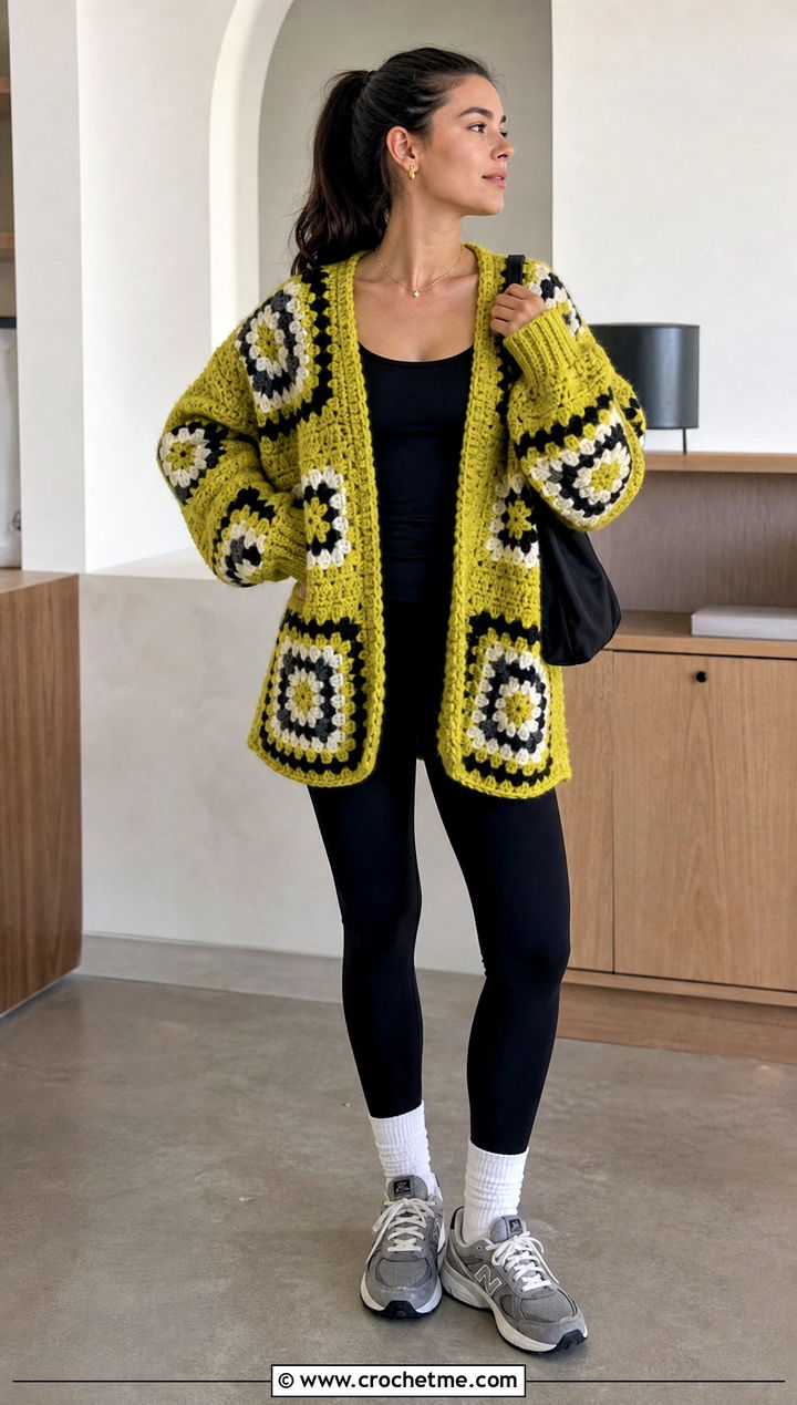 Oversized Traditional Granny Square Cardigan With Black Leggings - 30 crochet granny squares cardigan outfit ideas