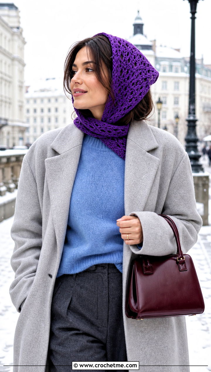 Oversized Triangle Crochet Hair Scarf With Wool Coat - 15 Crochet Hair Scarf Ideas