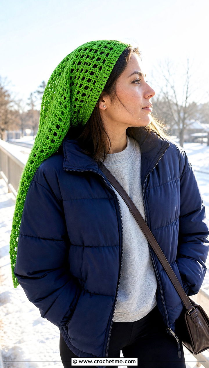 Oversized Triangle Crochet Head Scarf With Puffer and Leggings - 25 Crochet Boho Head Scarf outfit ideas