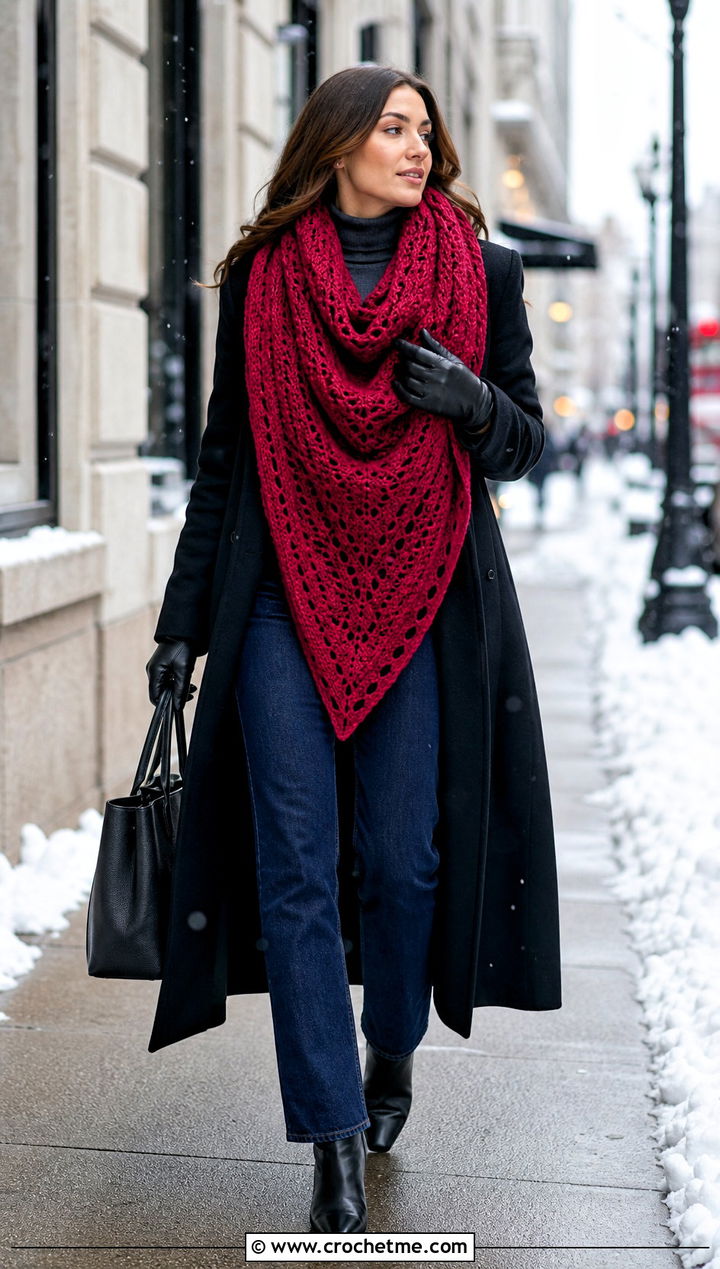 Oversized Triangle Crochet Scarf With Maxi Coat - 35 crochet neck scarf outfit ideas