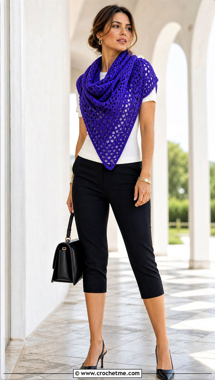 Oversized Triangle Crochet Shawl Scarf With Capri Pants - 25 super crochet scarf outfit ideas