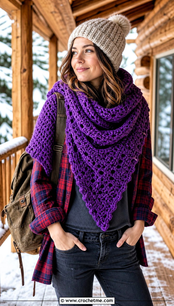 Oversized Triangle Crochet Shawl With Flannel Shirt And Relaxed Jeans - 35 triangle crochet shawl outfit ideas
