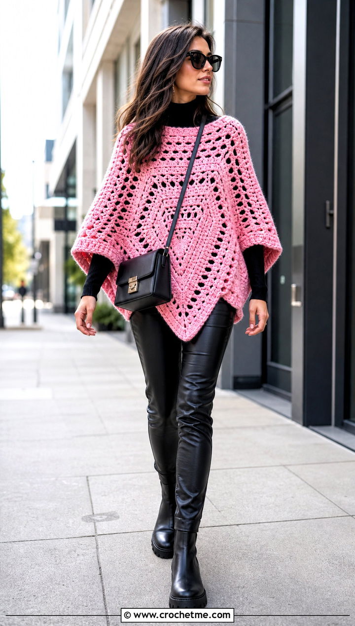 Oversized Triangle Crochet Sweater With Leather Pants - 15 triangle crochet sweater outfit ideas
