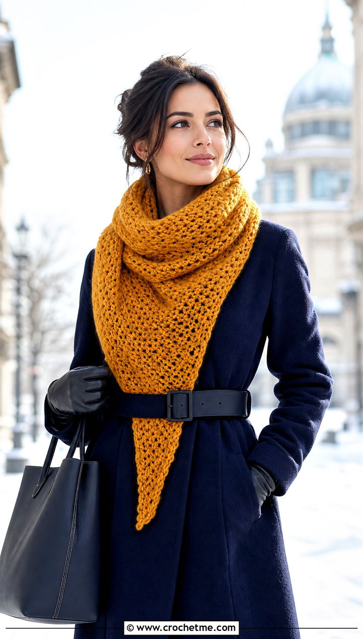 Oversized Triangle Shawl Scarf With Belted Coat - 25 Crocheted Triangle Scarf outfit ideas