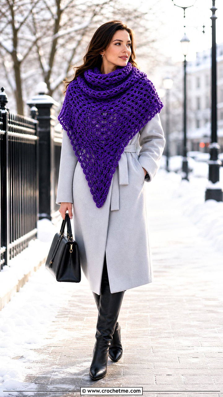 Oversized Triangle Shawl With Belted Coat - 35 crochet triangle shawl outfit ideas