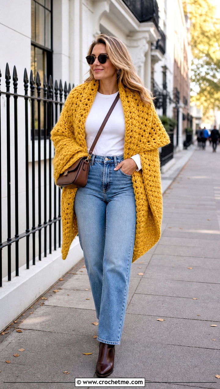 Oversized Triangle Shawl With Straight Leg Jeans - 15 Super Bulky Crochet Shawl outfit ideas