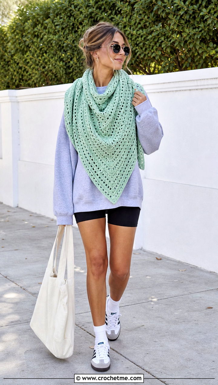 Oversized Triangle Shawl With Sweatshirt And Bike Shorts - 35 Easy Simple Crochet Triangle Shawl outfit ideas