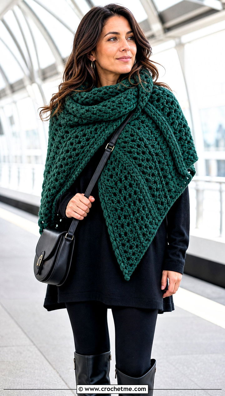 Oversized Triangular Crochet Shawl With Leggings - 25 triangular crochet shawl outfit ideas