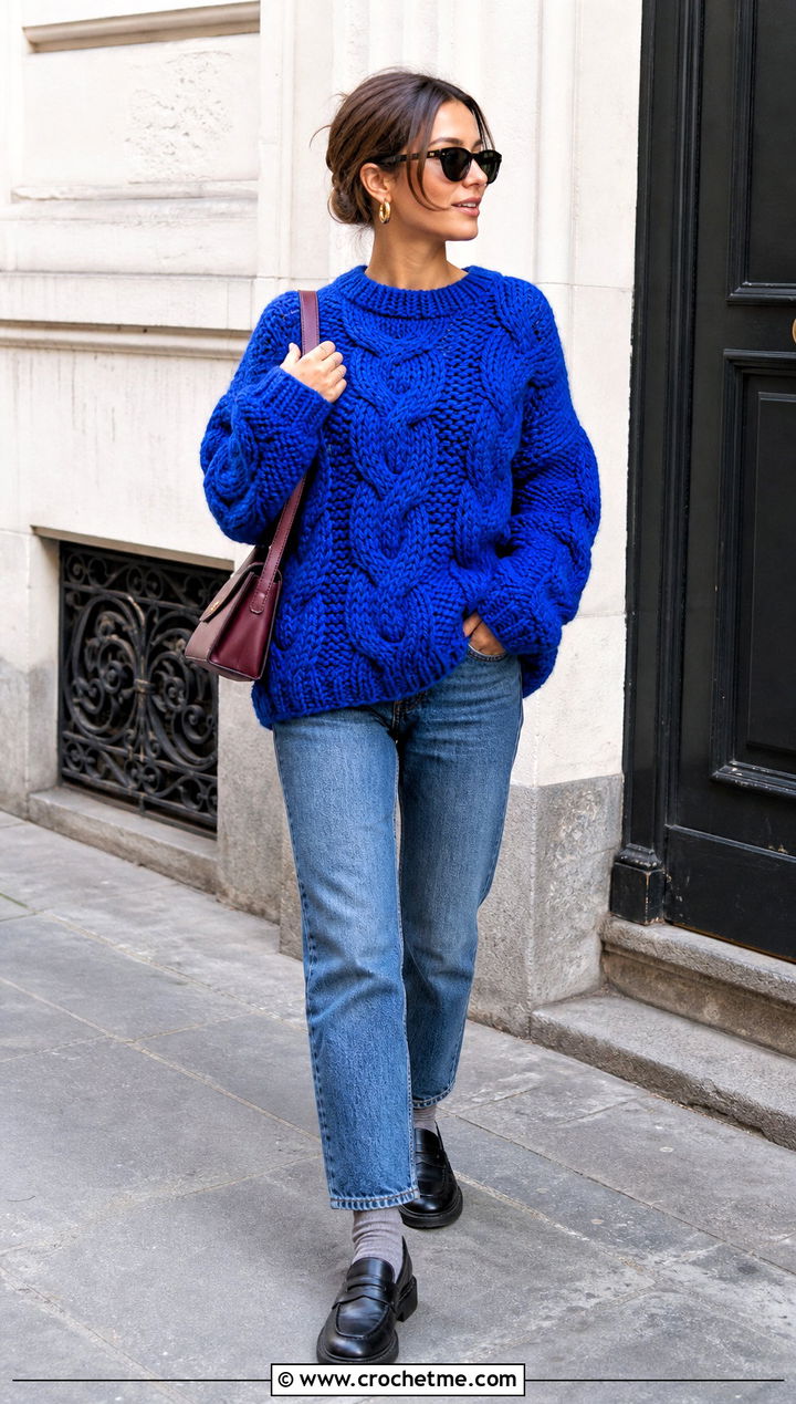 Oversized Triple Cable Crochet Sweater With Straight Leg Jeans - 25 Cable Knit Crochet Sweater outfit ideas