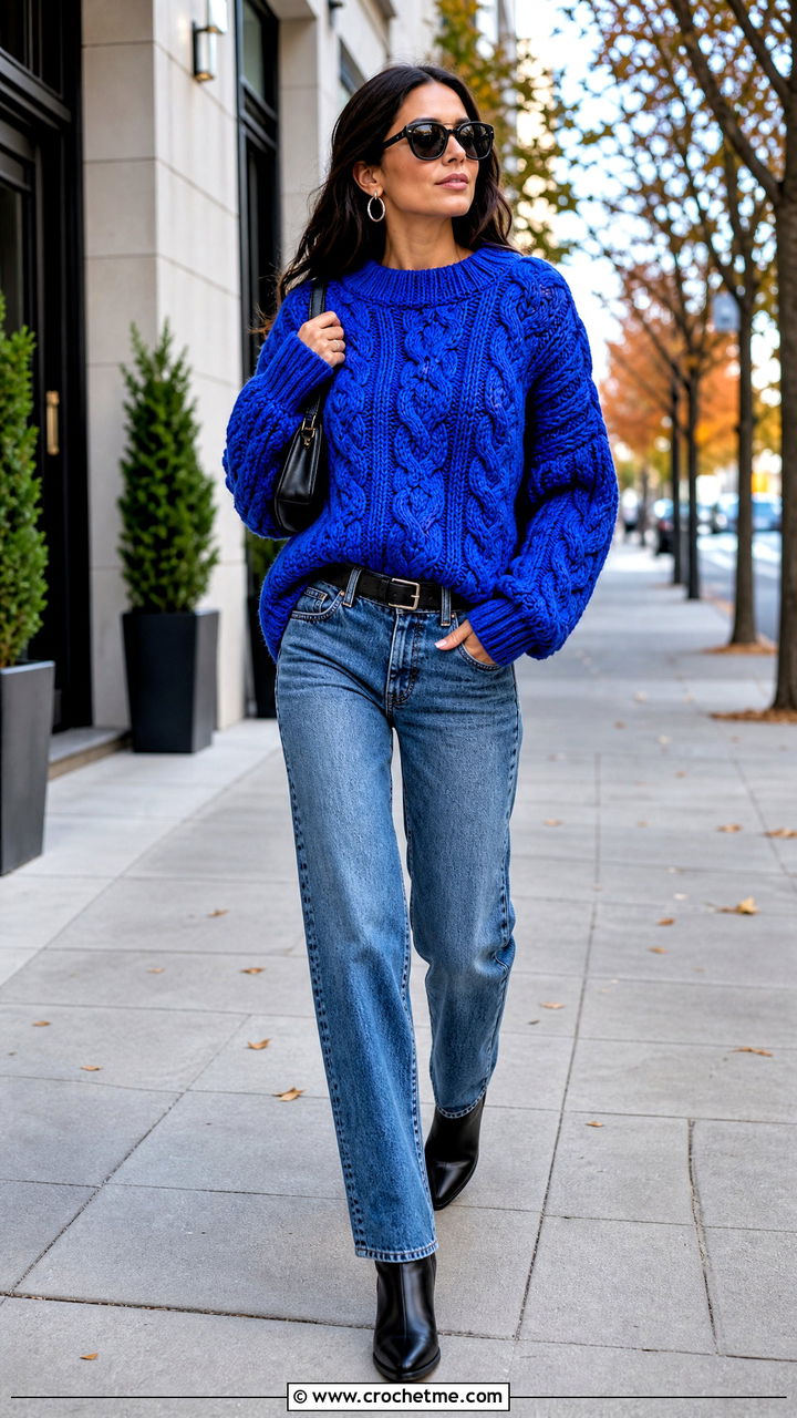 Oversized Triple Cable Crochet Sweater With Straight Leg Jeans - 35 cable crochet sweater outfit ideas