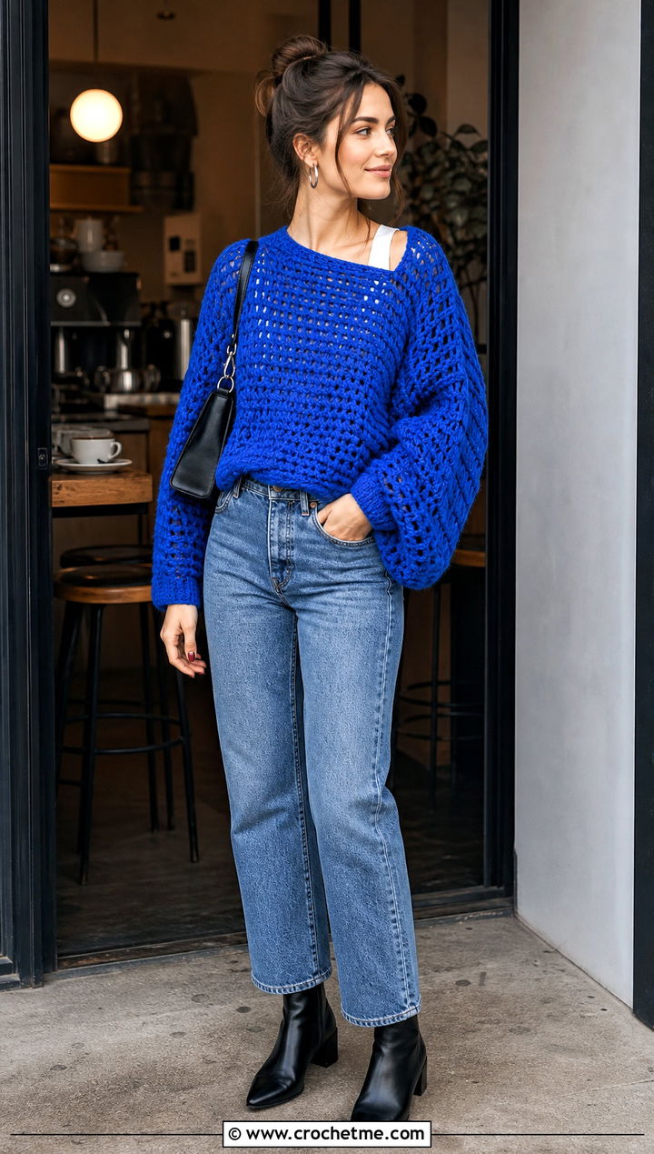 Oversized Triple Crochet Sweater With Straight Leg Jeans - 20 Triple Crochet Sweater outfit ideas