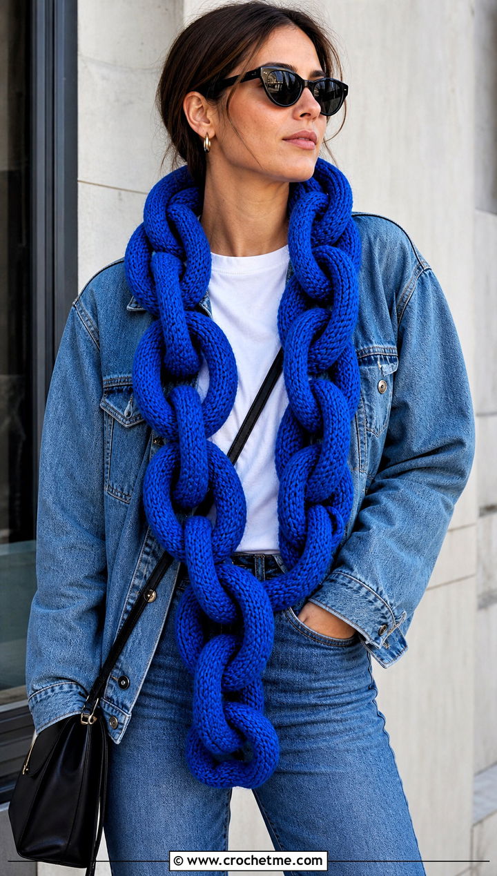 Oversized Tubular Chain Link Crochet Scarf With Denim Jacket And Jeans - 15 Chain Link Crochet Scarf outfit ideas