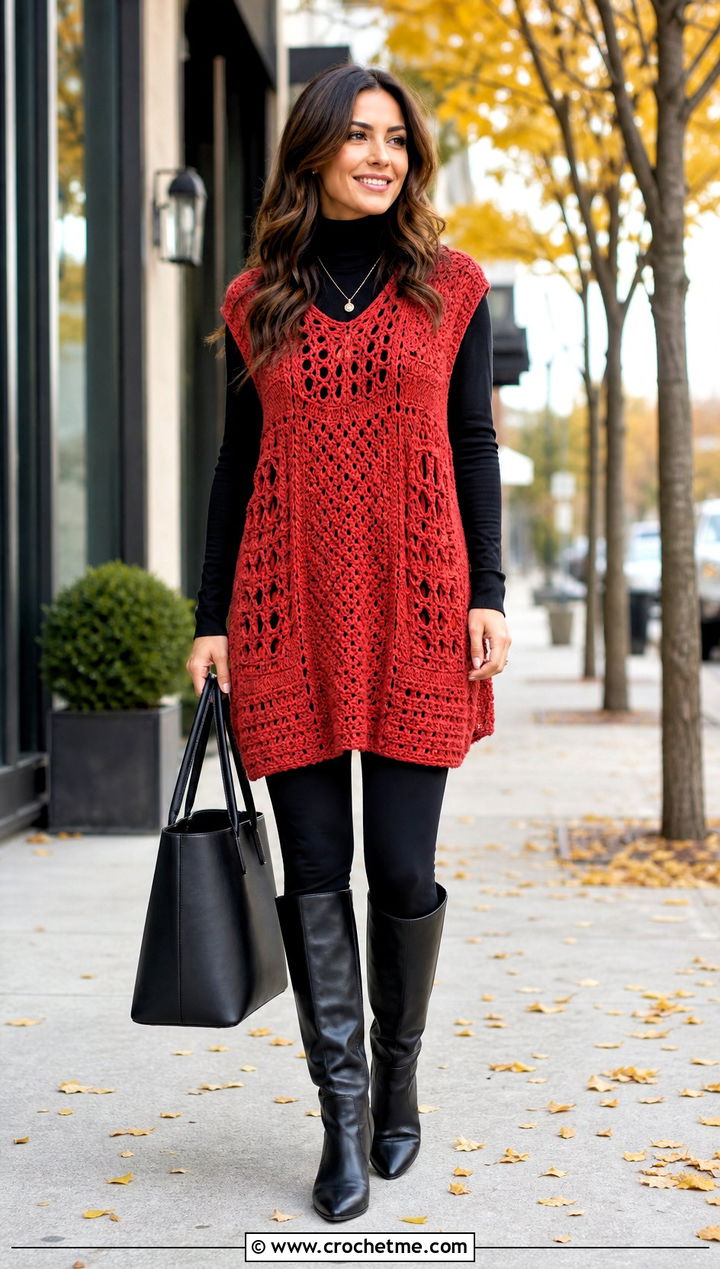 Oversized Tunic Crochet Vest With Knee High Boots - 30 oversize crochet vest outfit ideas