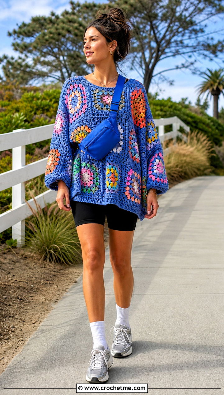 Oversized Tunic Granny Square Pullover Sweater With Bike Shorts - 35 Granny Square Pullover Sweater outfit ideas