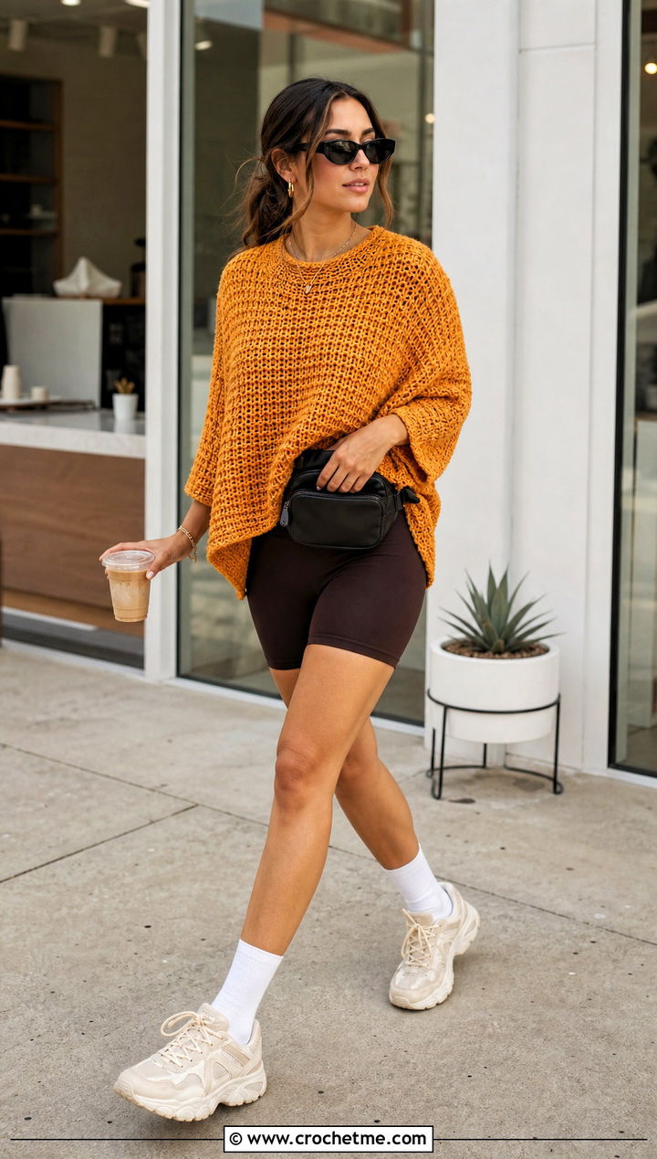 Oversized Tunisian Crochet Top With Bike Shorts - 30 tunisian crochet top outfit ideas