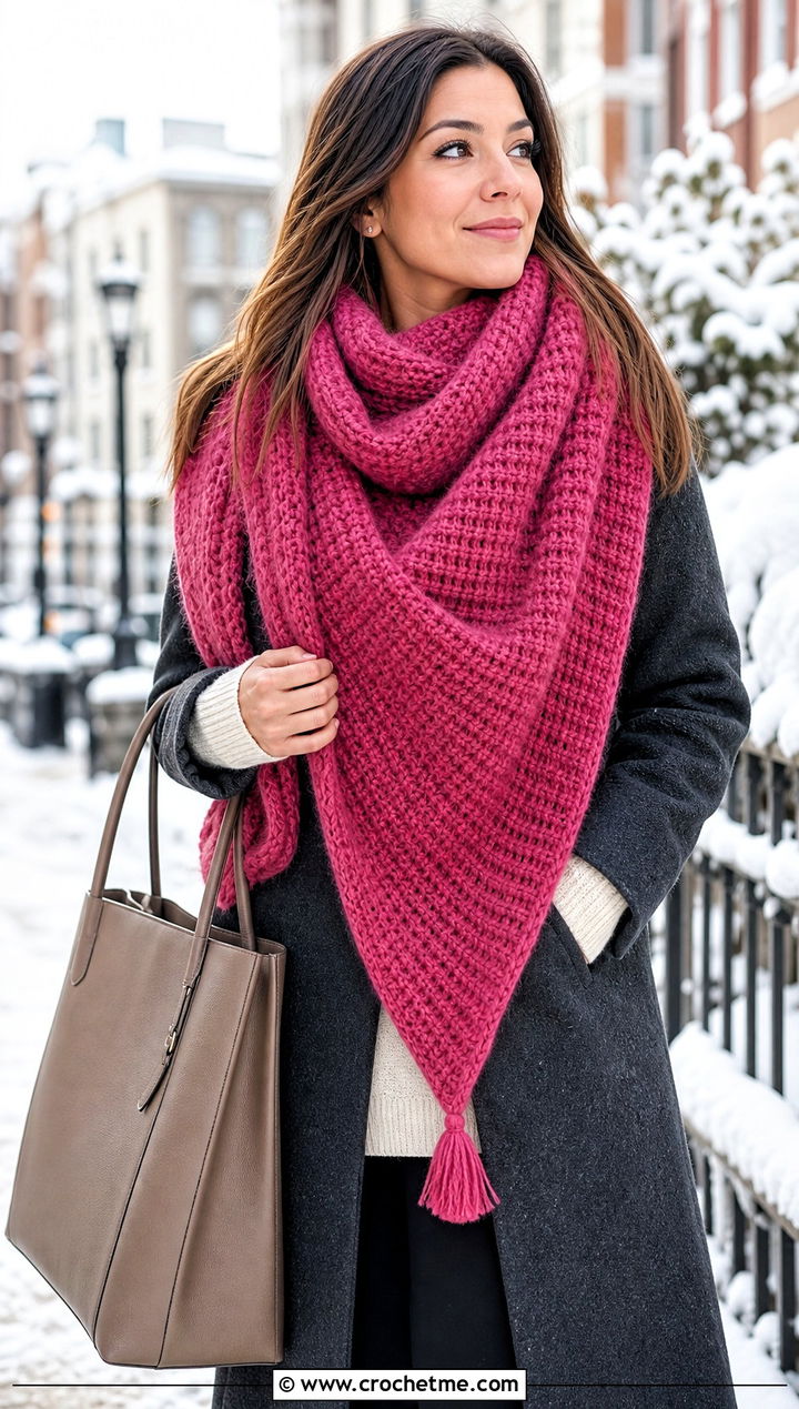 Oversized Tunisian Crochet Triangle Shawl With Coat And Leggings - 25 Tunisian Crochet Triangle Shawl outfit ideas