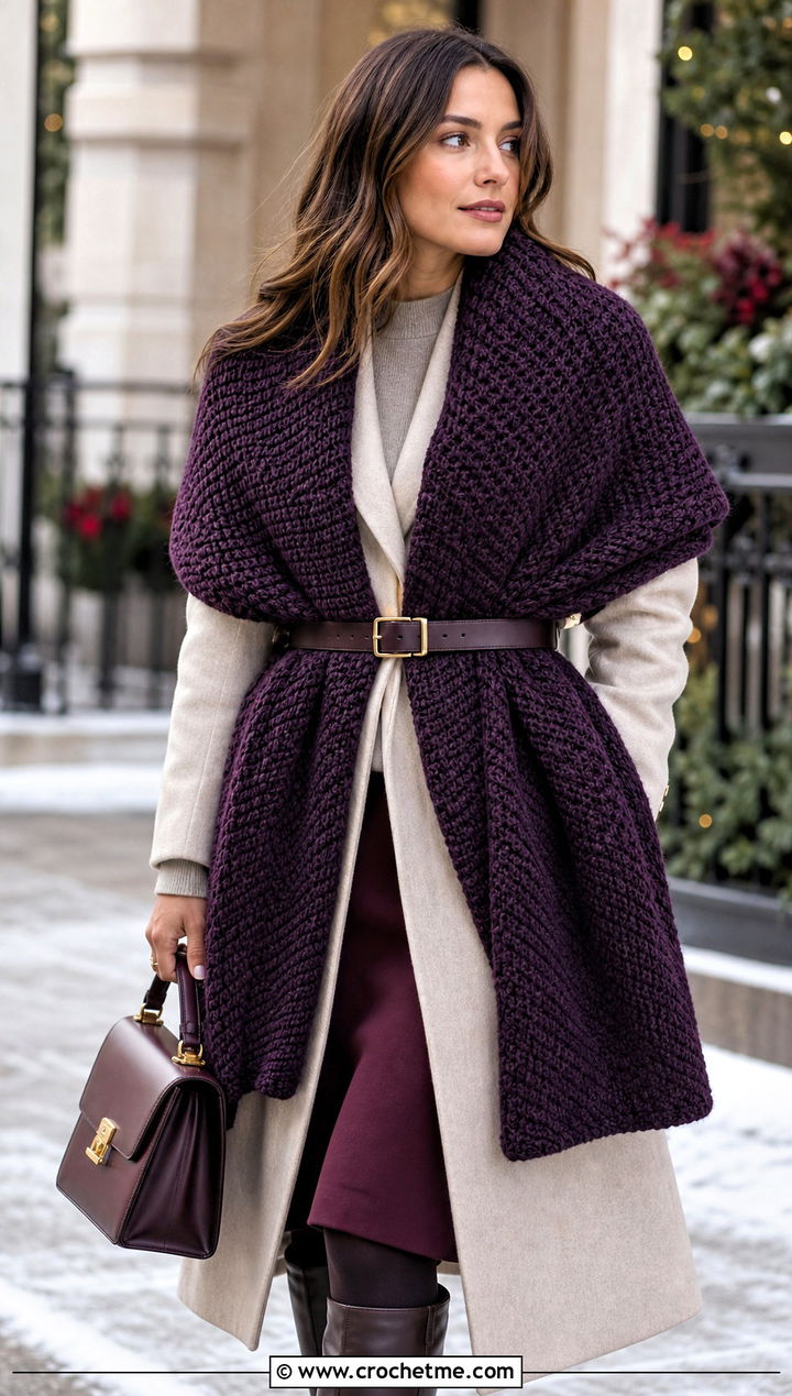 Oversized Tunisian Crochet Wrap Scarf With Belted Coat and Skirt - 20 Easy Tunisian Crochet Scarf outfit ideas