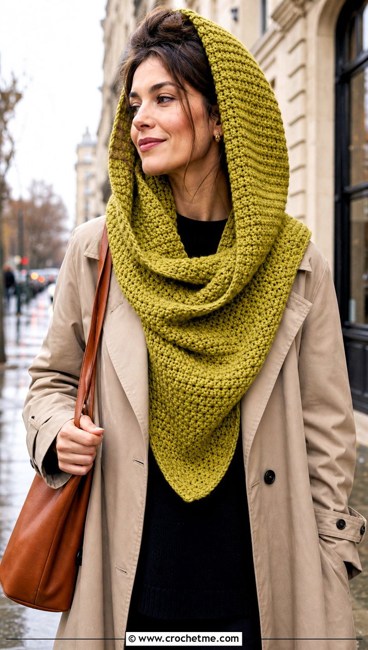 Oversized Tunisian Hooded Cowl With Trench Coat - 15 Tunisian Crochet Hooded Cowl outfit ideas
