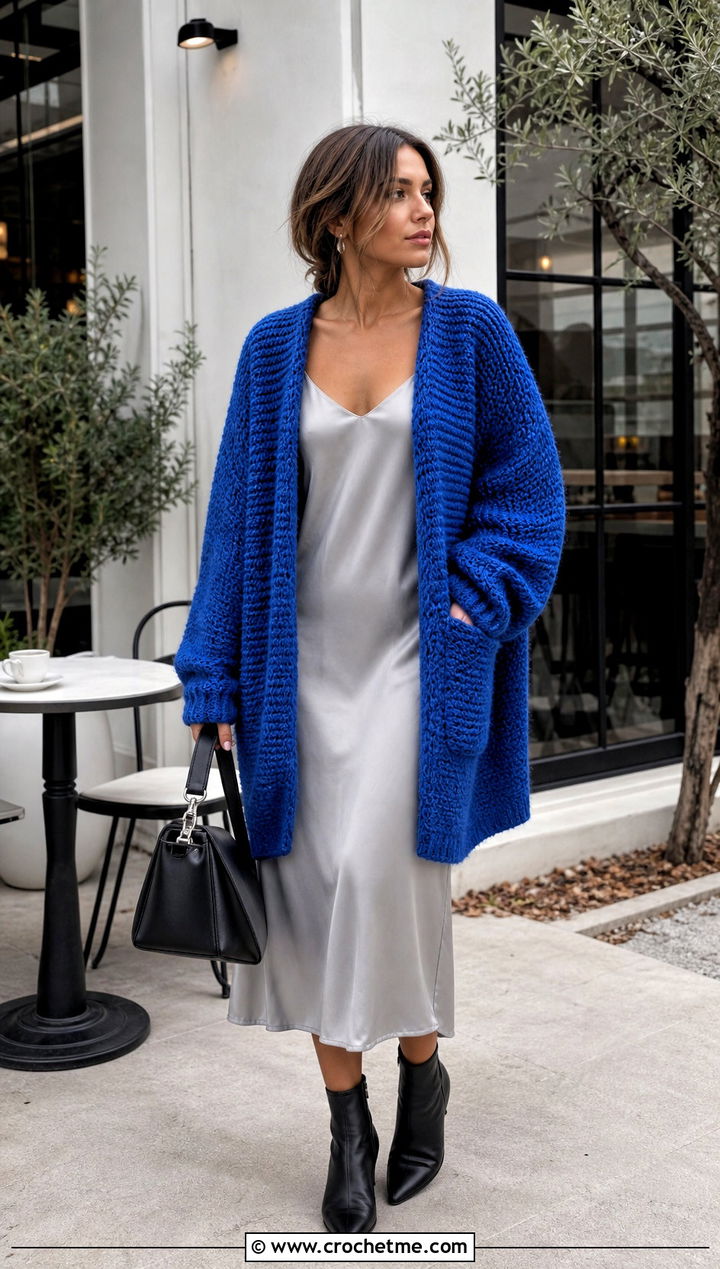 Oversized Tunisian Knit Stitch Cardigan With Slip Dress - 20 Tunisian Crochet Clothing and outfit ideas