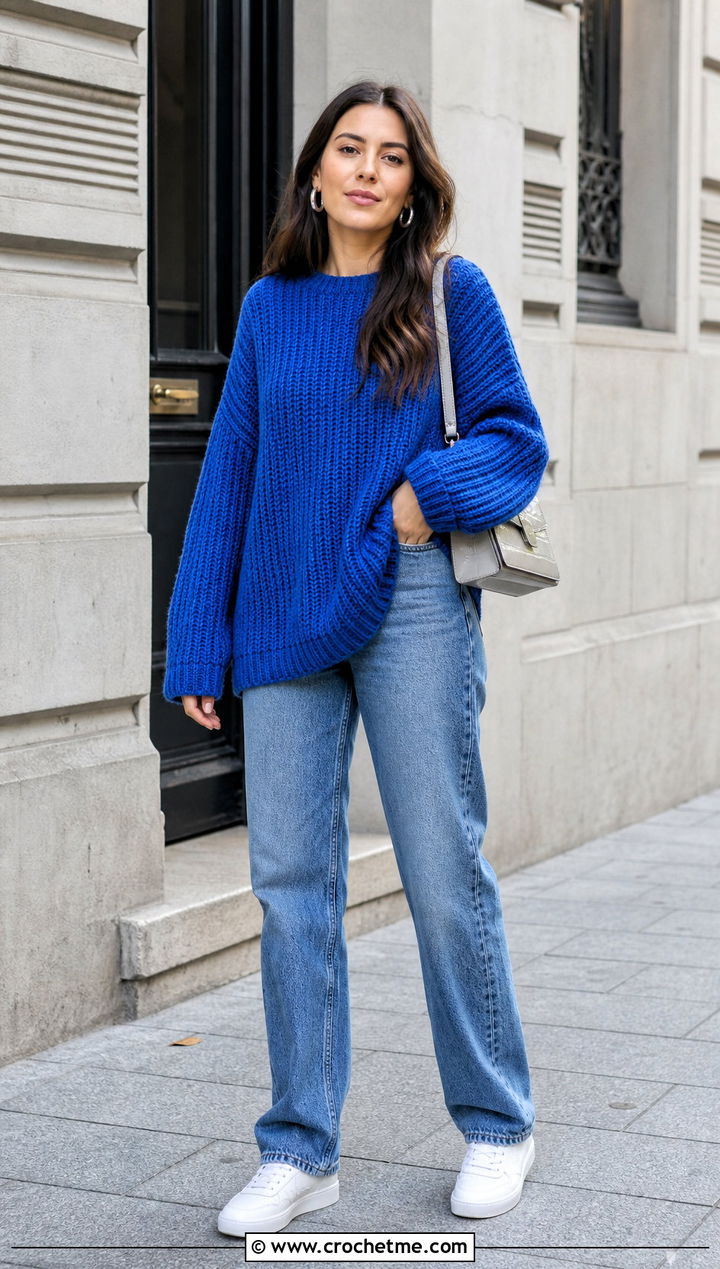 Oversized Tunisian Knit Stitch Jumper With Straight Jeans - 30 tunisian crochet jumper outfit ideas