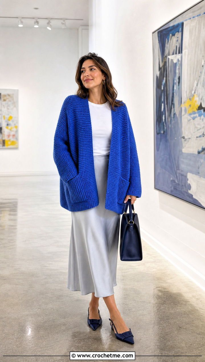 Oversized Tunisian Simple Stitch Cardigan With Satin Skirt - 35 tunisian crochet cardigan outfit ideas
