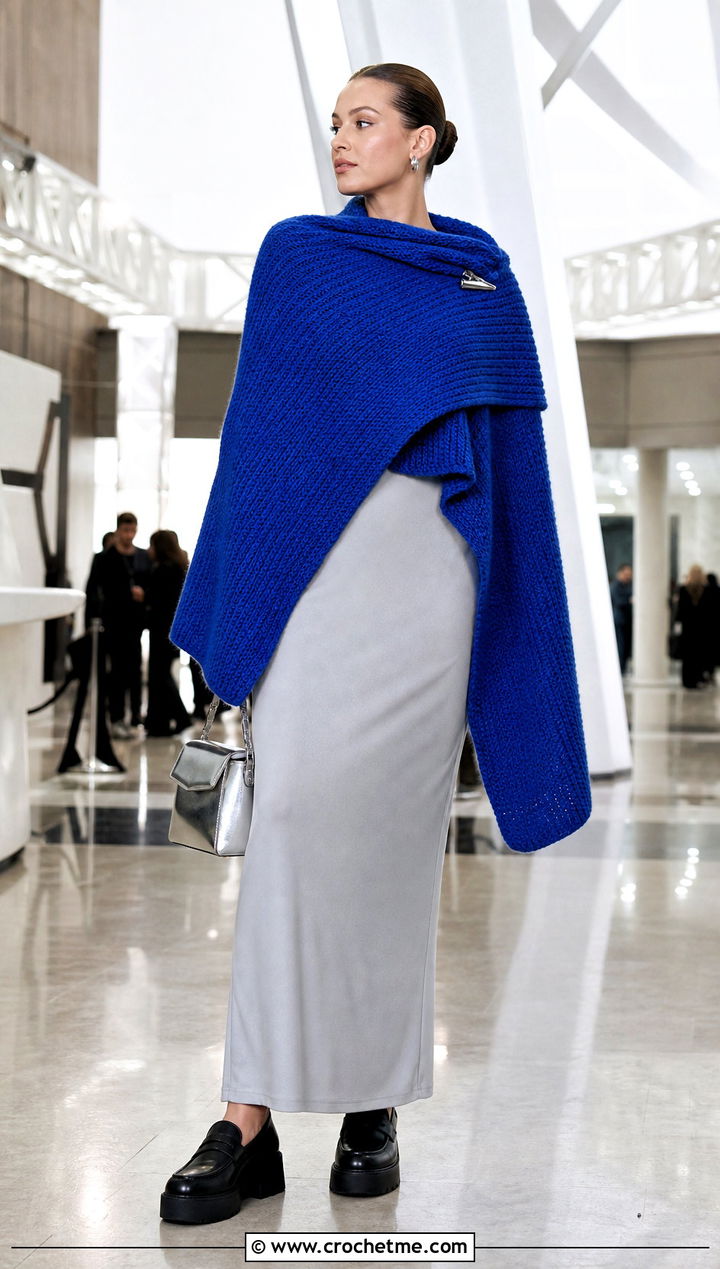 Oversized Tunisian Simple Stitch Shawl With Column Dress - 35 tunisian crochet shawl outfit ideas