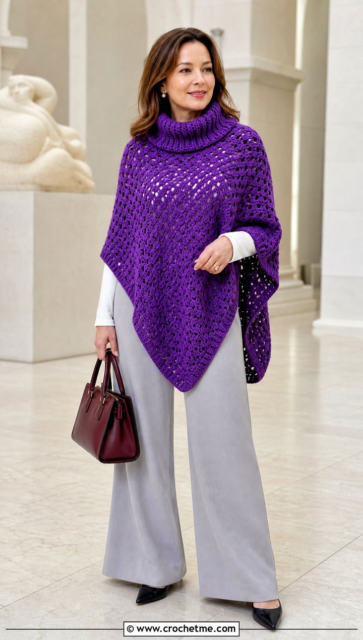 Oversized Turtle Neck Crochet Poncho With Wide Leg Trousers - 25 Turtle Neck Crochet Poncho outfit ideas