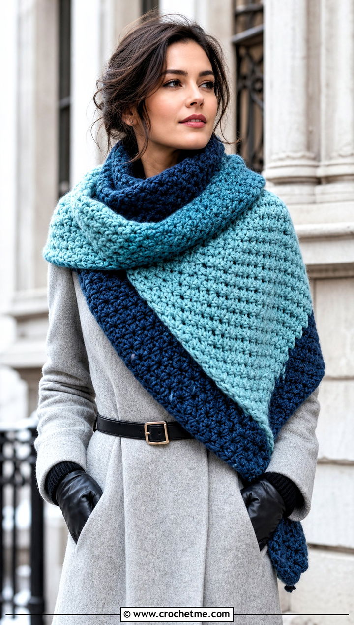 Oversized Two Tone Crochet Blanket Scarf With Wool Coat - 25 two tone crochet scarf outfit ideas