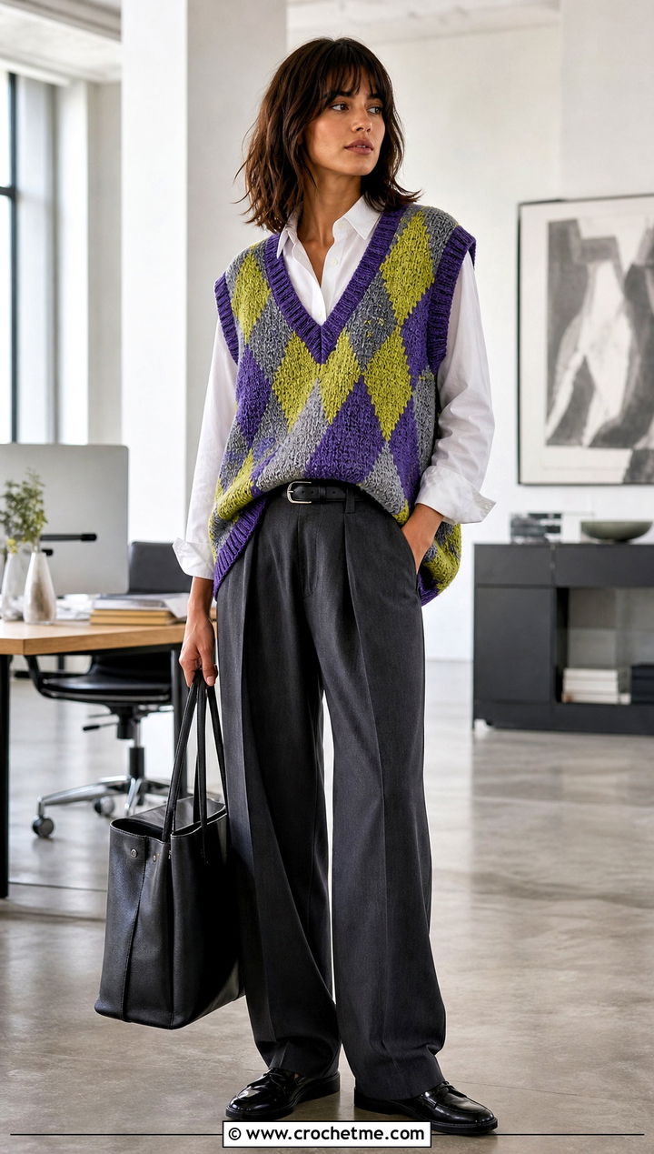 Oversized V Neck Argyle Crochet Sweater Vest With Pleated Trousers - 20 Argyle Crochet Sweater Vest outfit ideas