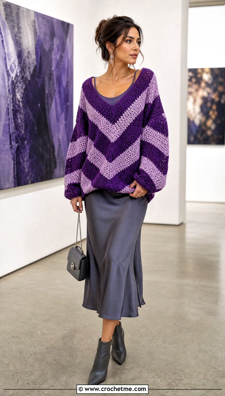 Oversized V Neck Chevron Crochet Sweater With Satin Skirt - 20 Chevron Crochet Sweater outfit ideas