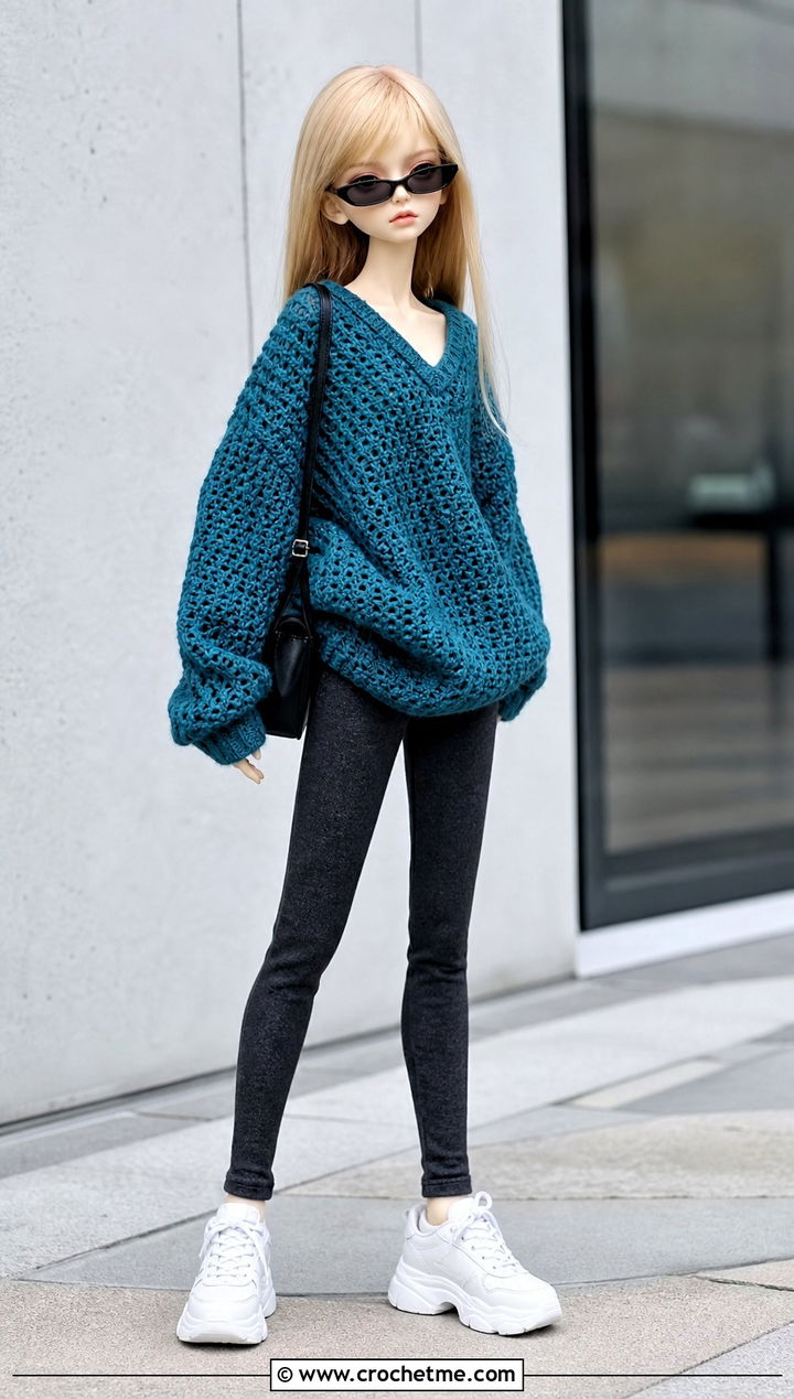 Oversized V Neck Crochet Doll Sweater With Leggings - 20 Crochet Sweater For Dolls outfit ideas