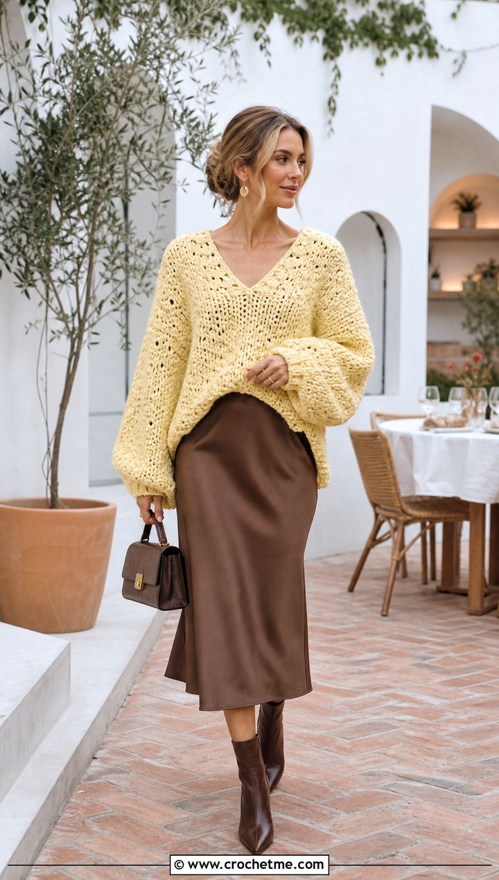 Oversized V Neck Crochet Sweater With Satin Midi Skirt - 35 v neck crochet sweater outfit ideas
