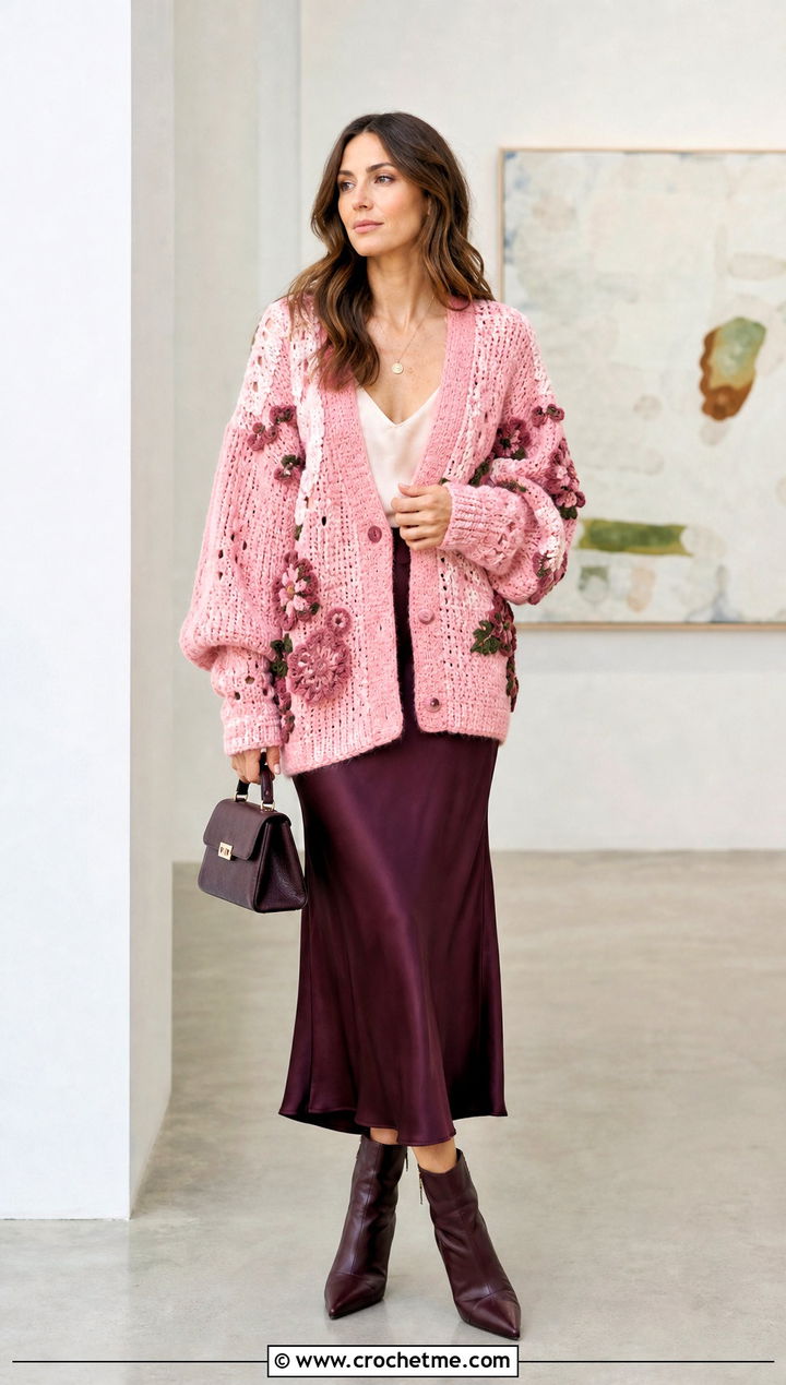 Oversized V Neck Folklore Crochet Cardigan With Satin Slip Skirt - 30 folklore crochet cardigan outfit ideas