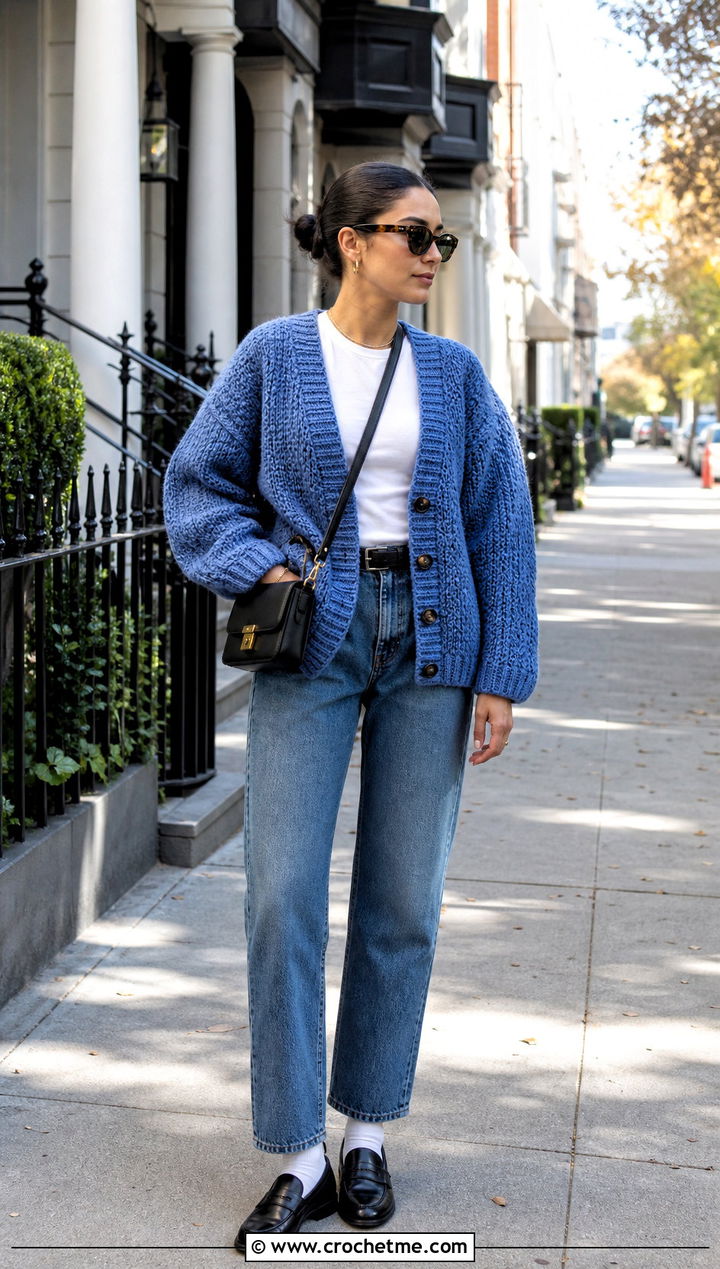 Oversized V Neck Grandpa Crochet Cardigan With Straight Leg Jeans - 20 grandpa crochet cardigan outfit ideas