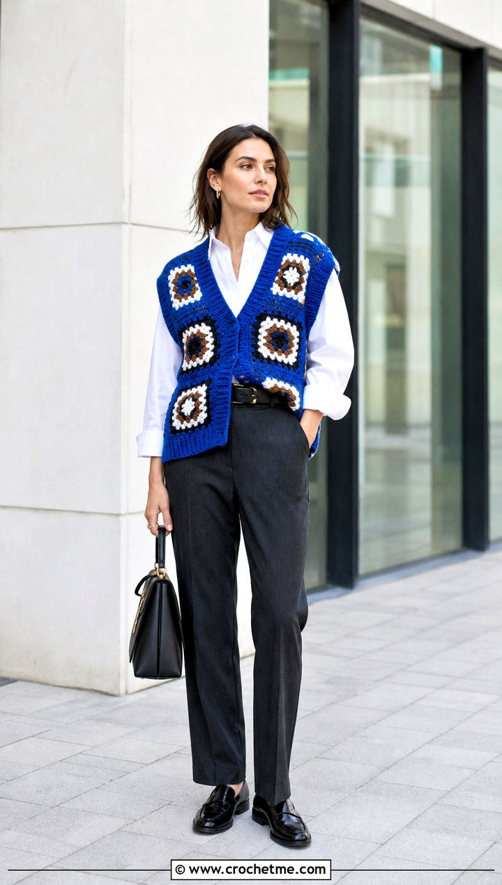 Oversized V Neck Granny Square Sleeveless Vest With Tailored Trousers - 20 Granny Square Sleeveless Vest outfit ideas