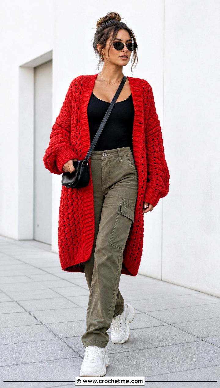 Oversized V Stitch Cardigan With Cargo Pants - 25 Crochet V Stitch Cardigan outfit ideas