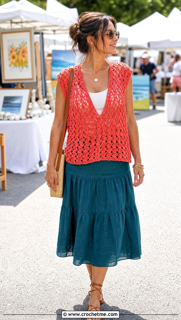 Oversized V Stitch Crochet Vest With Tiered Skirt - 30 oversize crochet vest outfit ideas